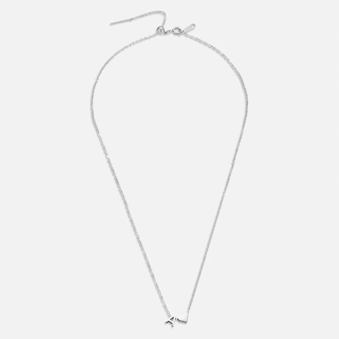 Forever Love & Letter Silver Necklace, flat lay of a fine silver chain with a letter A pendant