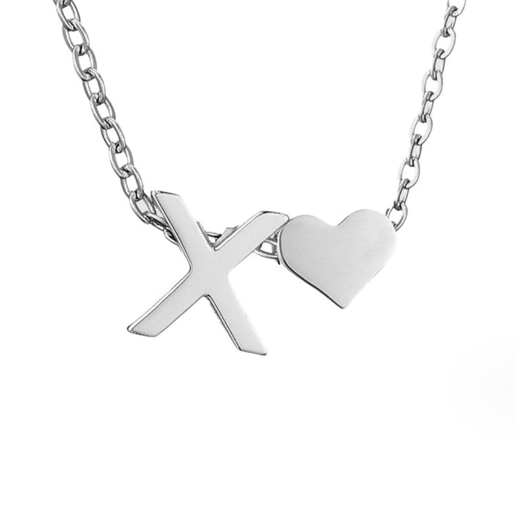 Forever Love & Letter Silver Necklace, close-up of a silver chain with an X and heart charm on