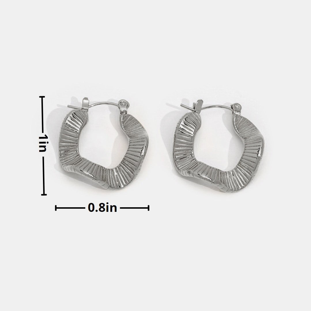 Geometric Wave Silver Hoop Earrings, pair of hoops with dimension lines marked 1in and 0.8in