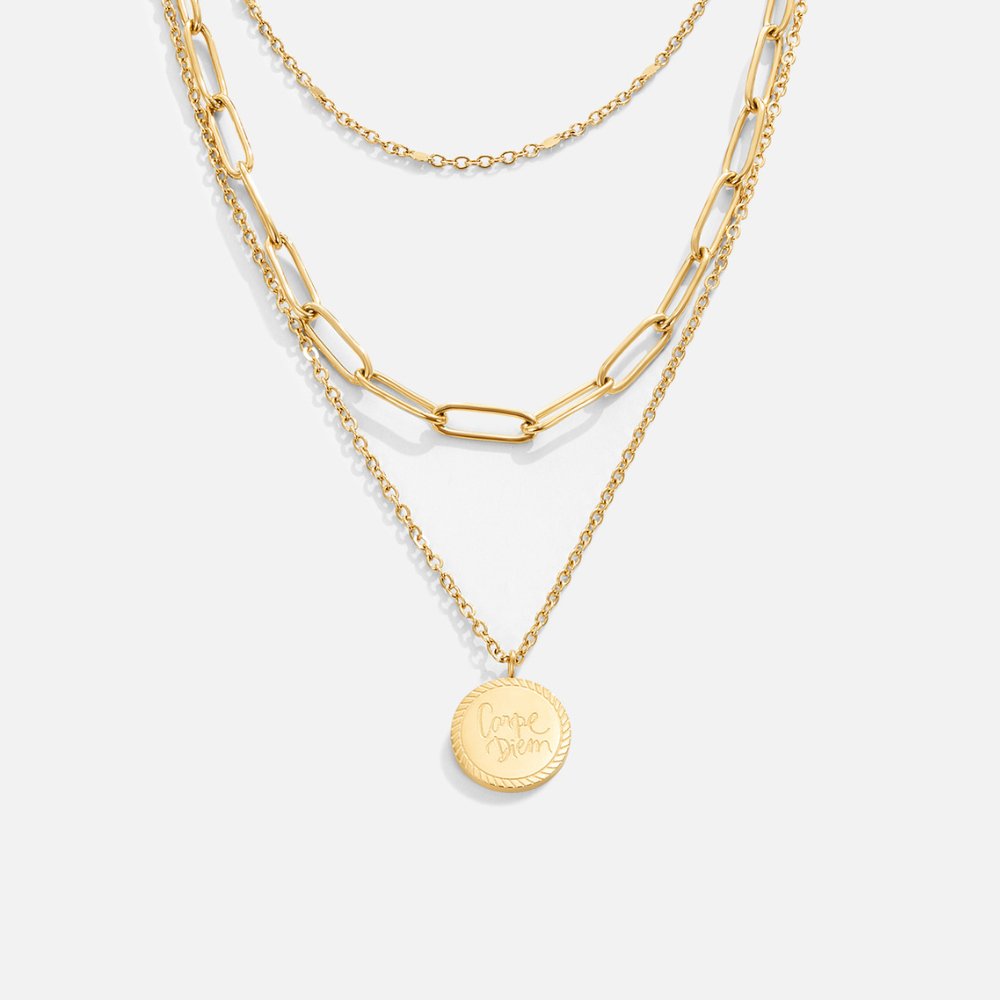 Geya Coin Layered Necklace, three gold chains layered, with a round engraved coin pendant