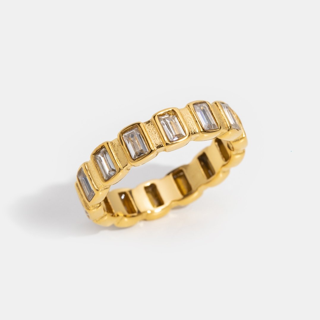 Gigi Square Crystal Ring, standing ring in gold with rectangular clear stones set around the band