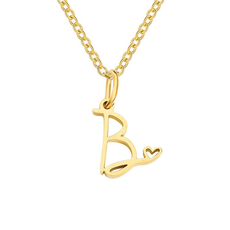 Gold Letter Heart Necklace, gold chain necklace with a script letter B pendant on white