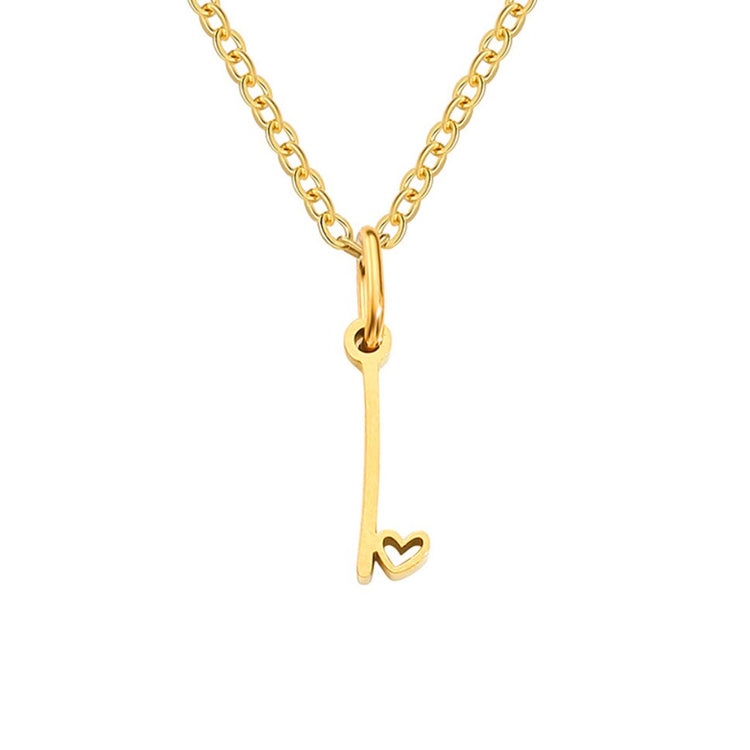 Gold Letter Heart Necklace, gold chain with a slim pendant ending in an open heart, on white
