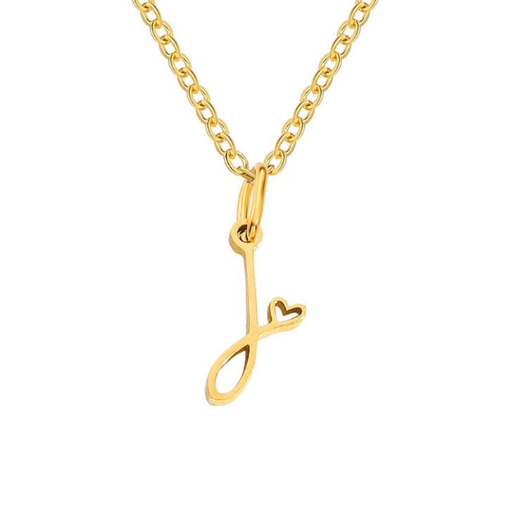 Gold Letter Heart Necklace, gold chain necklace with a script letter pendant and small heart