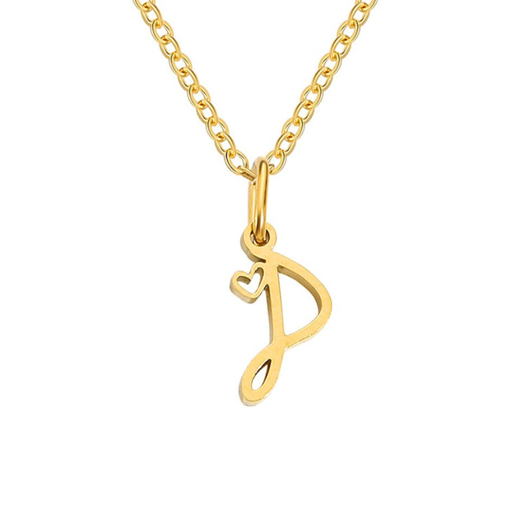 Gold Letter Heart Necklace, gold chain necklace with a script letter D pendant on white