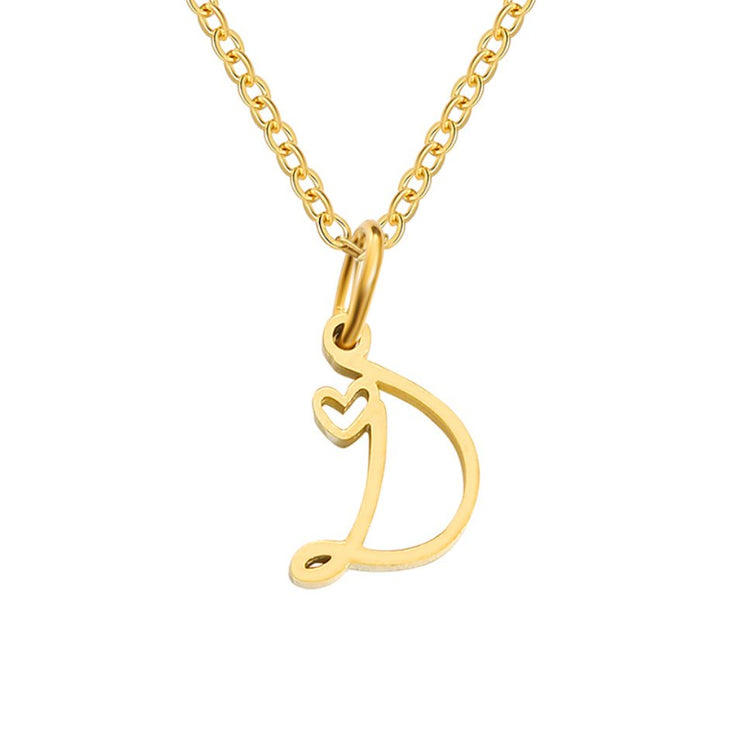 Gold Letter Heart Necklace, gold chain pendant on white, script letter D with heart cutout