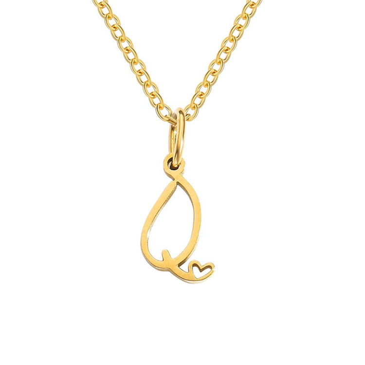 Gold Letter Heart Necklace, gold letter pendant with a small heart cutout on a chain