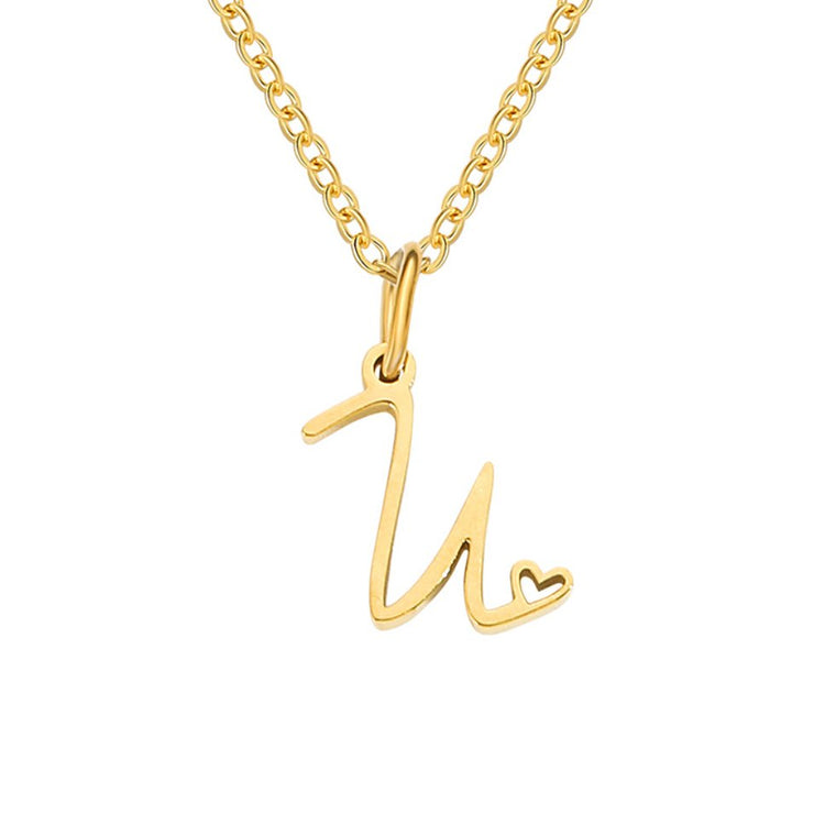 Gold Letter Heart Necklace, gold chain with a script letter pendant on white background