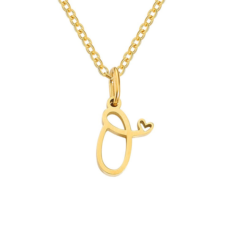 Gold Letter Heart Necklace, gold chain with a script letter pendant and small heart on white