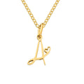 Gold Letter Heart Necklace, gold chain necklace with a script letter A pendant on white
