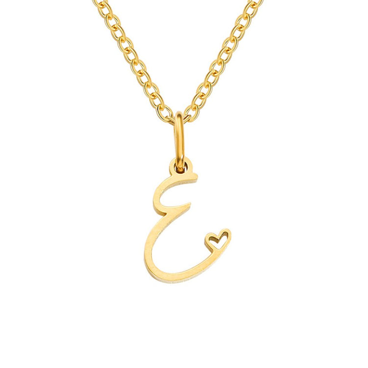 Gold Letter Heart Necklace, gold script letter pendant with a heart cutout on a chain
