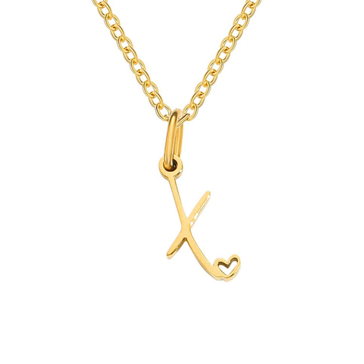 Gold Letter Heart Necklace, gold chain with a script letter X pendant and small open heart