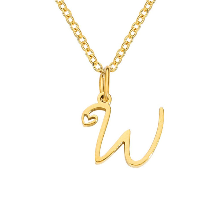 Gold Letter Heart Necklace, gold chain necklace with a script W pendant and small heart cutout