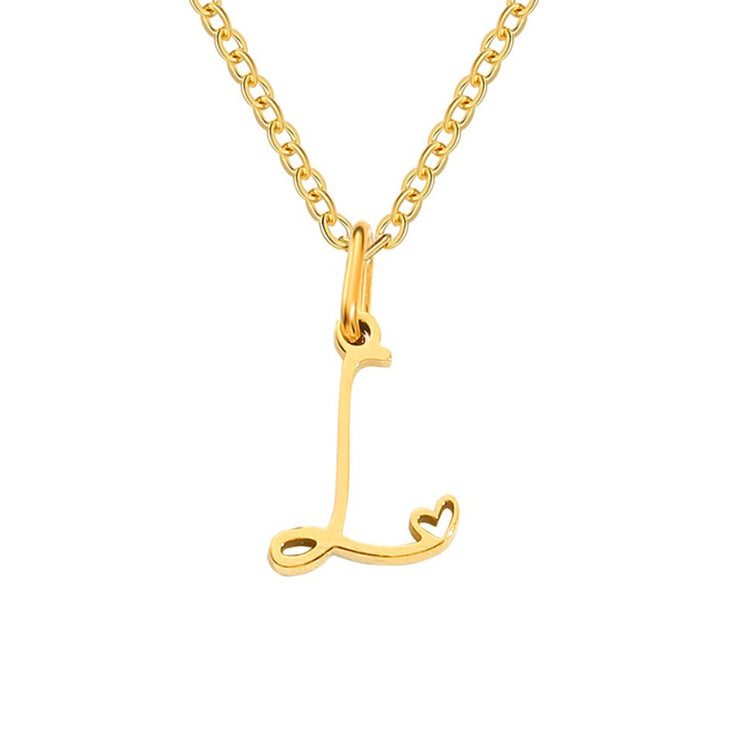 Gold Letter Heart Necklace, gold script letter L pendant on a fine chain, plain white background