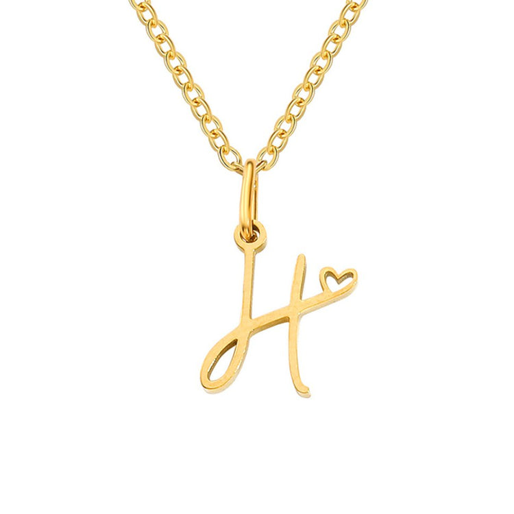 Gold Letter Heart Necklace, gold chain necklace with script letter H pendant on white background