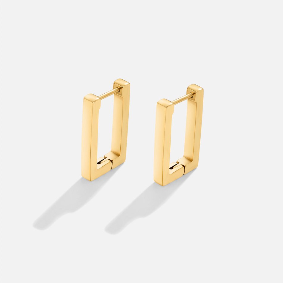 Gold Rectangle Hoop Earrings, a pair of rectangular gold hoops on a plain light background