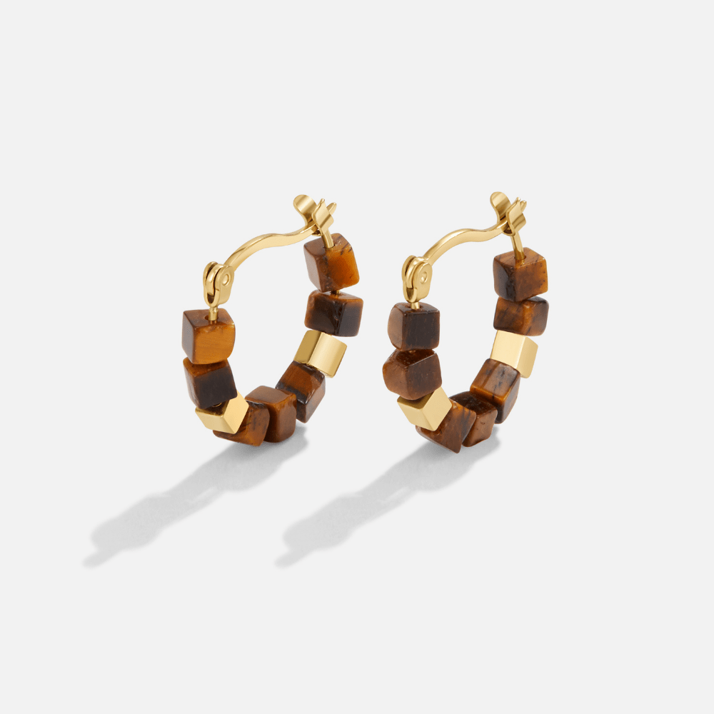Gold Tiger Eye Cube Hoop Earrings - Beautiful Earth Boutique