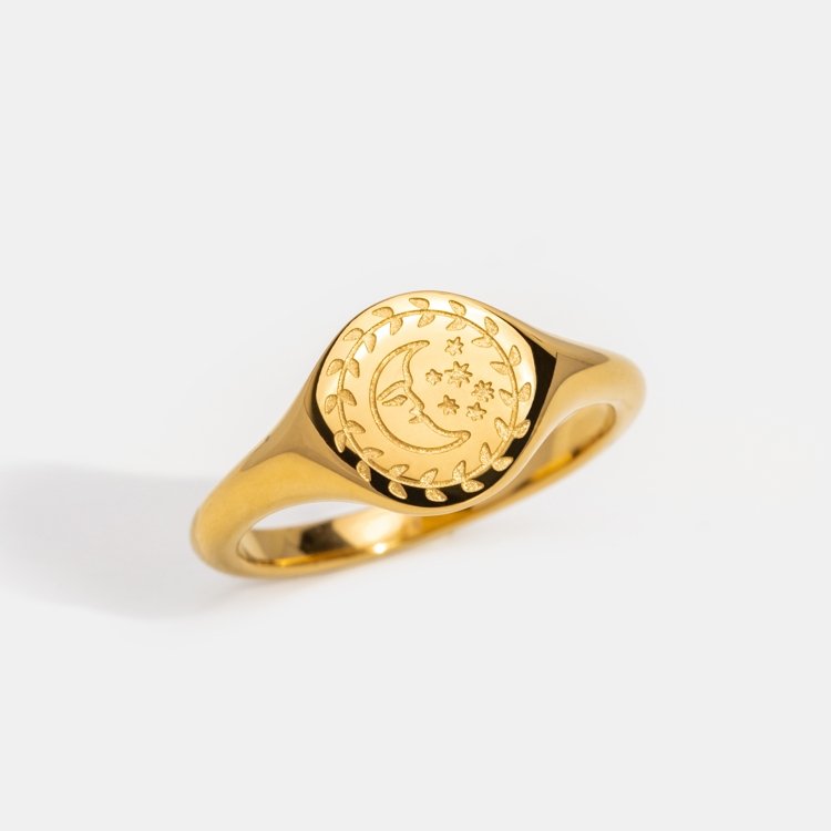 Golden Luna Ring, gold signet ring with engraved crescent moon, stars and leaf border