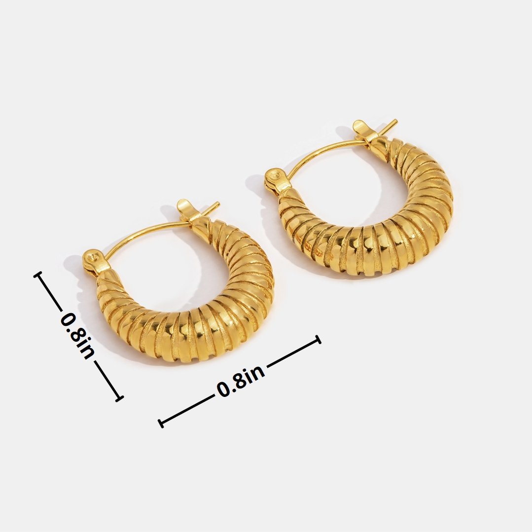 Golden Mia Croissant Hoop Earrings, pair of ribbed gold hoops with dimension lines, 0.8in