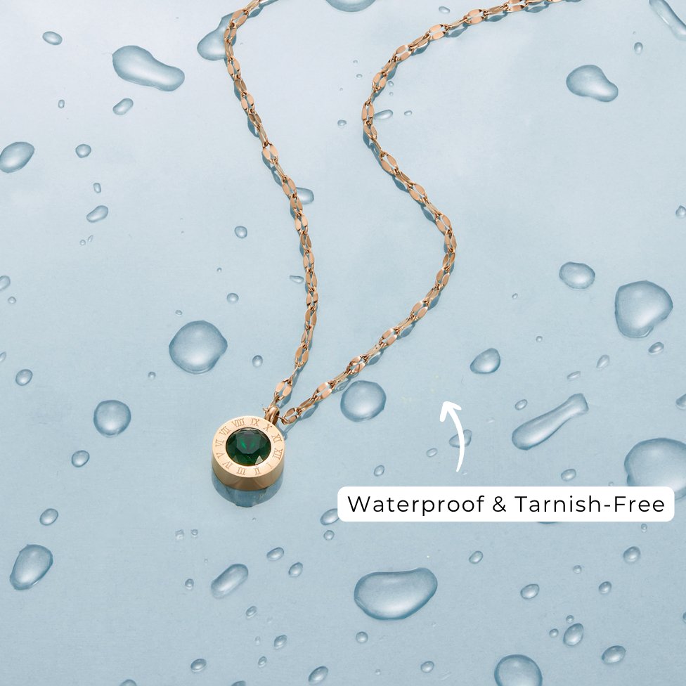 Green Crystal Athena Necklace, gold necklace with round green stone pendant on water droplets