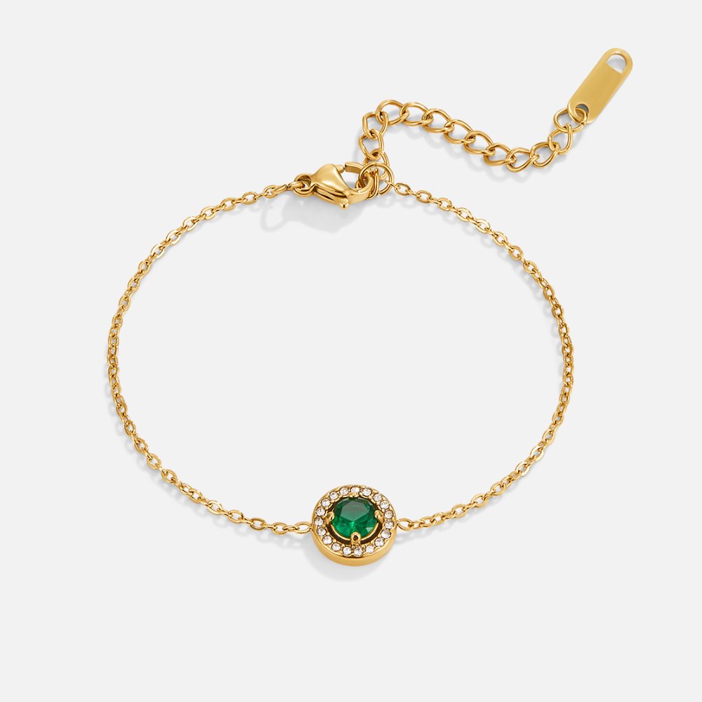 Green Emerald Crystal Bracelet, gold chain bracelet on white, green stone with crystal halo