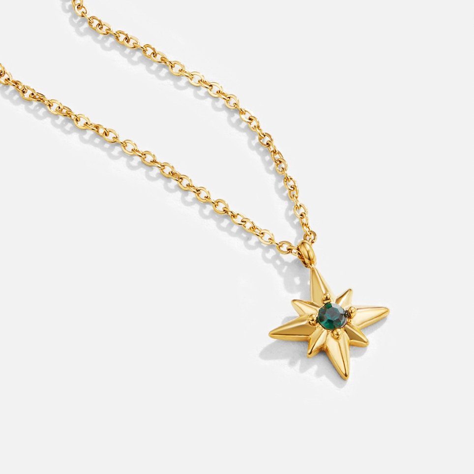 Guiding Star Emerald Crystal Necklace, gold star pendant with green stone on a fine chain