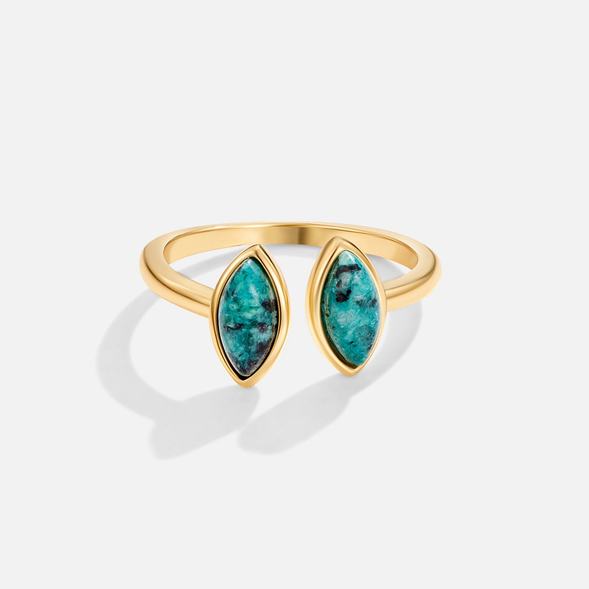 Jade Green Wrap Ring, open gold ring with two marquise turquoise stones, on white