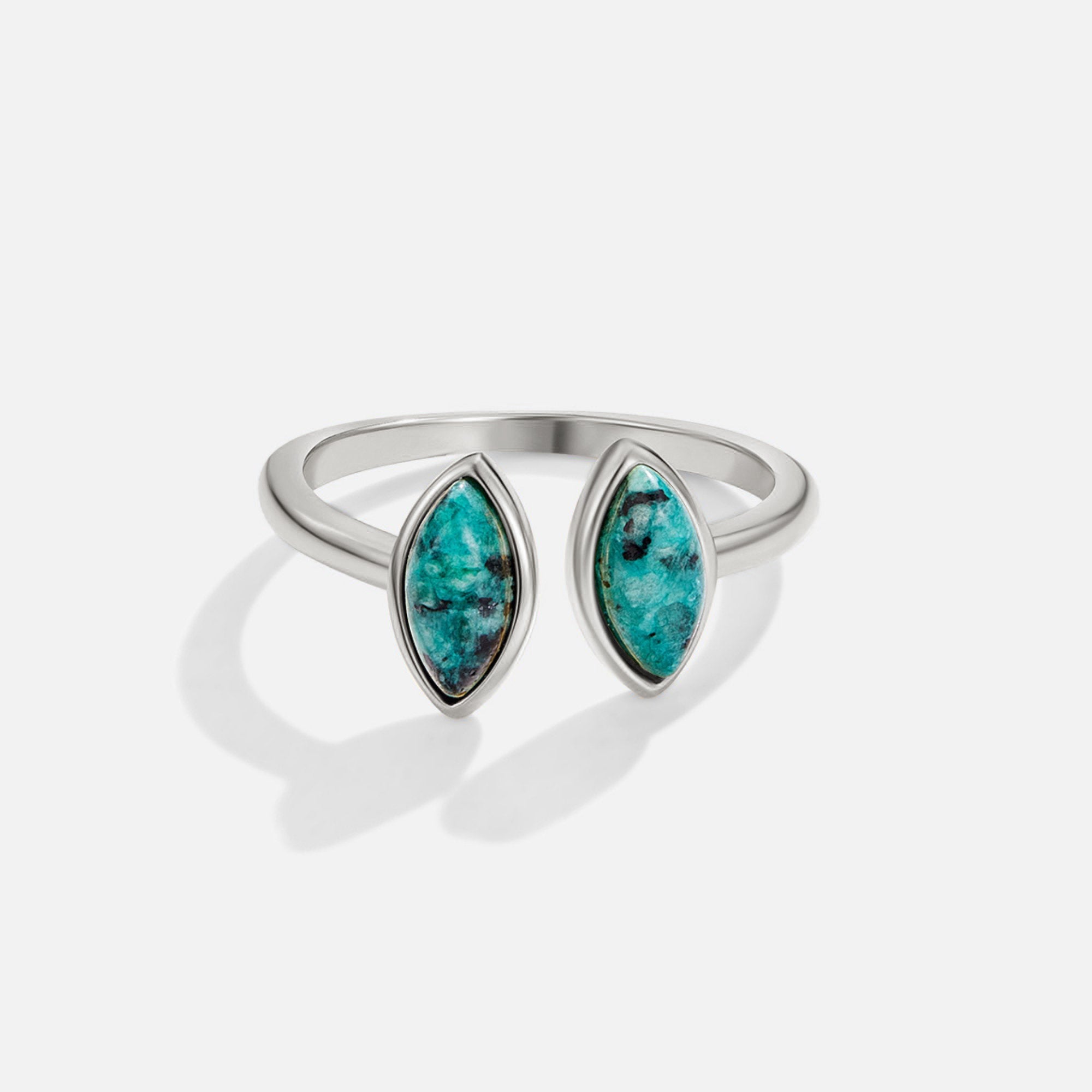 Silver Jade Green Wrap Ring, open silver band with two marquise turquoise stones, on white