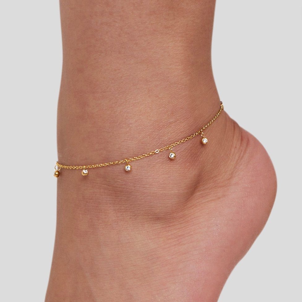 Lana Crystal Droplet Anklet, worn on an ankle with gold chain and crystal droplets