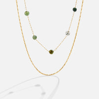 Layered Alana Gold & Stone Necklace, two gold necklaces layered, one with green stone beads