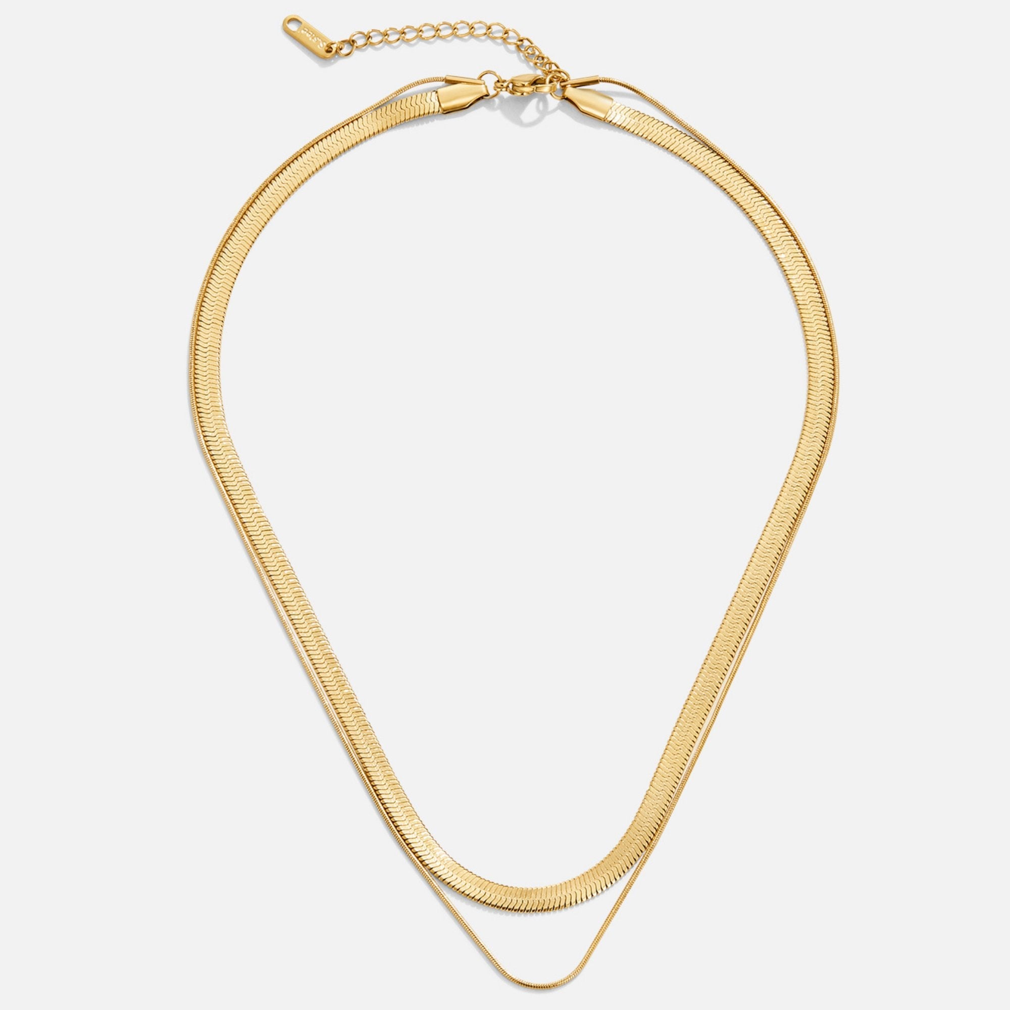 Layla 18K Gold Layered Necklace, flat lay of two gold chains layered, with extender chain