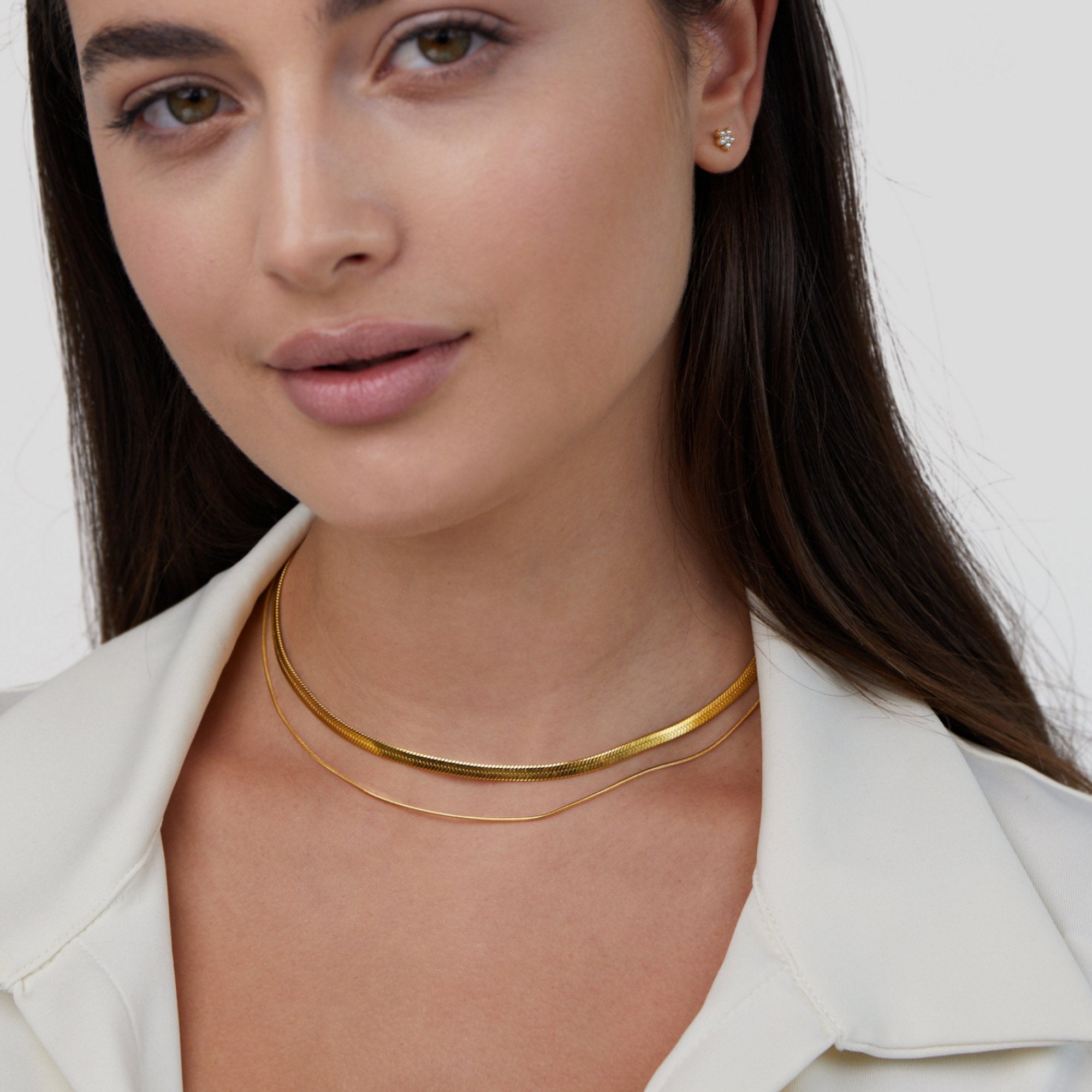 Layla 18K Gold Layered Necklace, worn layered on a neck with a white collared top