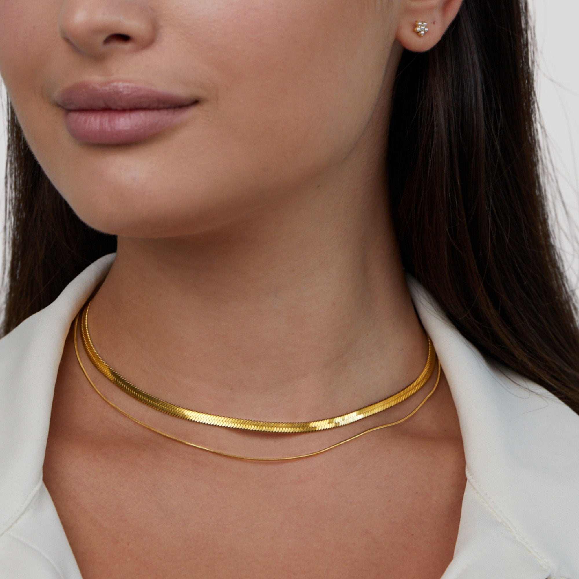 Layla 18K Gold Layered Necklace, worn on a neck with a white collared top, two gold chains layered