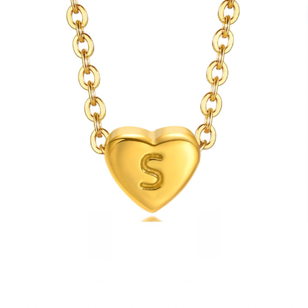 Letter Heart Necklace, gold chain with a heart pendant engraved with the letter S, on white