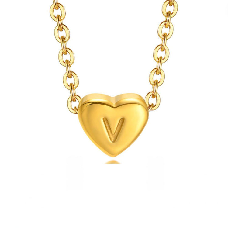 Letter Heart Necklace, gold chain necklace with a heart pendant engraved with the letter V