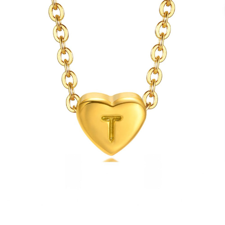 Letter Heart Necklace, gold heart pendant engraved with the letter T on a chain