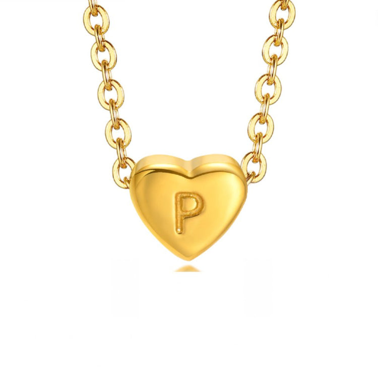 Letter Heart Necklace, gold chain with a glossy heart pendant engraved with the letter P