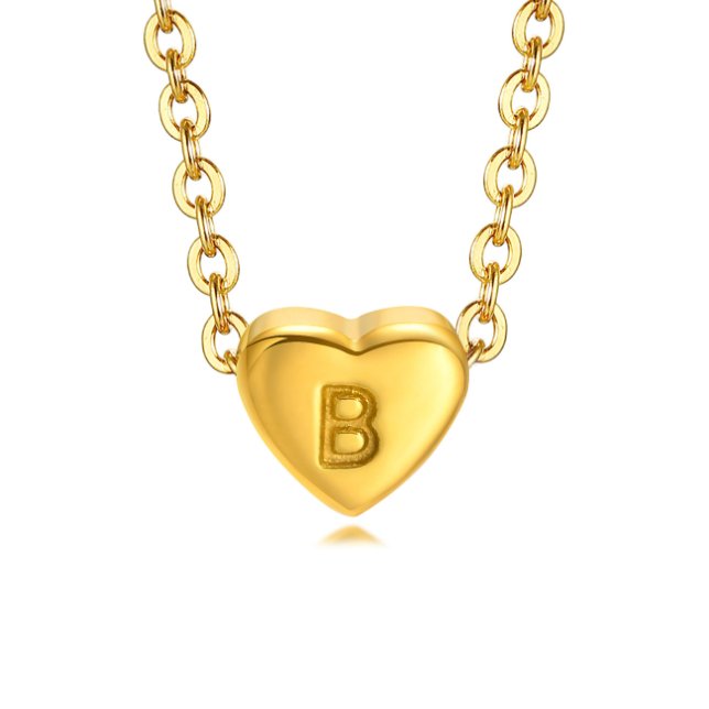 Letter Heart Necklace, close-up of a gold heart pendant engraved with the letter B on a chain