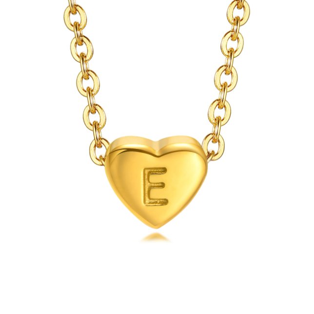 Letter Heart Necklace, gold chain necklace with a glossy heart pendant engraved with an E