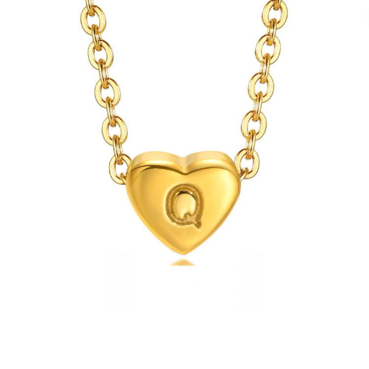 Letter Heart Necklace, gold heart pendant engraved with the letter Q on a link chain