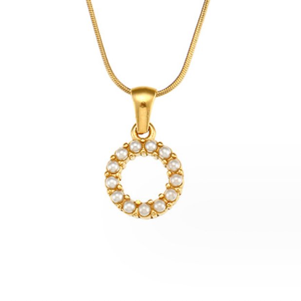 Letter Pearl Charm Necklace, gold snake chain with a circular pendant set with small pearls