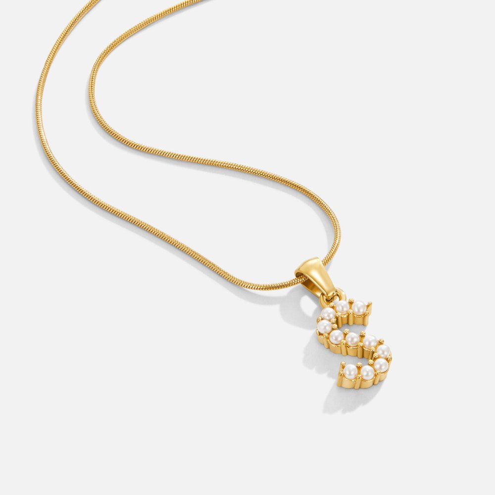 Letter Pearl Charm Necklace, gold snake chain with a pearl-set S-shaped pendant on white