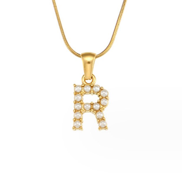 Letter Pearl Charm Necklace, gold chain necklace with a pearl-studded letter R pendant