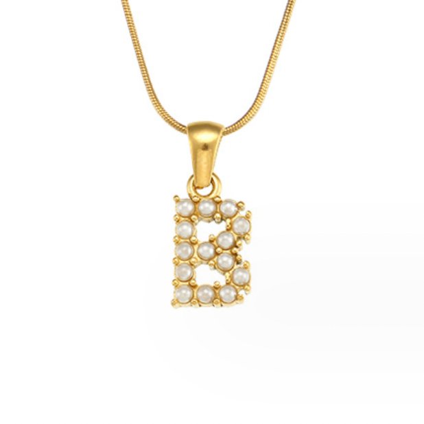 Letter Pearl Charm Necklace, gold snake chain with a pearl-studded letter B pendant, on white