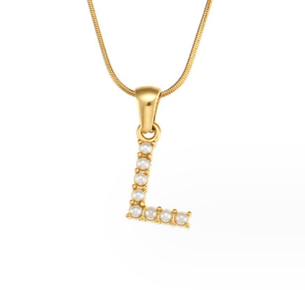 Letter Pearl Charm Necklace, gold snake chain with a pearl-set letter L pendant