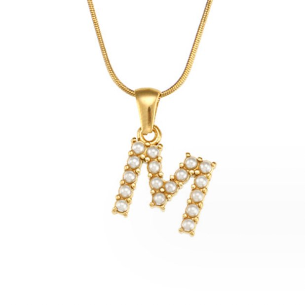 Letter Pearl Charm Necklace, gold snake chain pendant with letter M set in white pearls