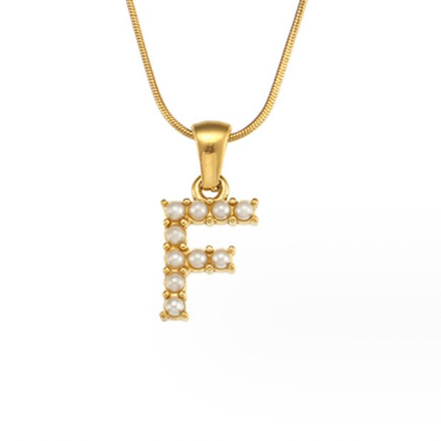 Letter Pearl Charm Necklace, pendant on a gold snake chain, letter F set with small pearls