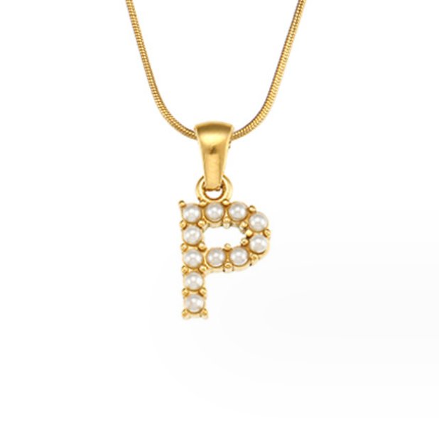 Letter Pearl Charm Necklace, gold letter P pendant set with pearls on a gold chain
