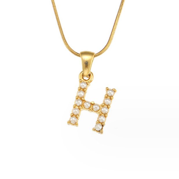 Letter Pearl Charm Necklace, gold letter H pendant set with small white pearls on a gold snake chain