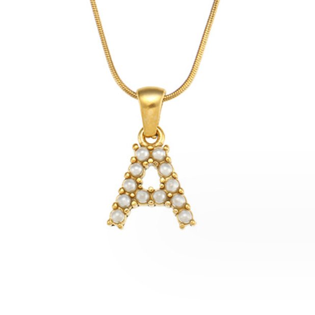 Letter Pearl Charm Necklace, gold letter A pendant set with small white pearls on a gold chain